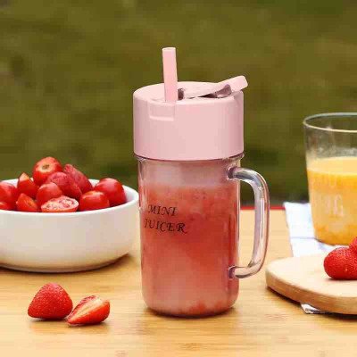 Mini Juicer portable Usb rechargeable 6 blade blender with straw 420ml- Pink