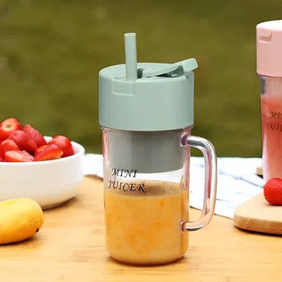 Mini Juicer portable Usb rechargeable 6 blade blender with straw 420ml- Sea Green