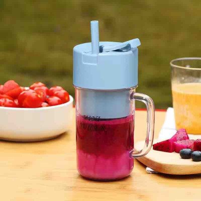 Mini Juicer portable Usb rechargeable 6 blade blender with straw 420ml- Sky Blue