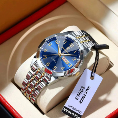 Luxury Men Poedagar Blue Sunray Dial Watch with Day and Date Display
